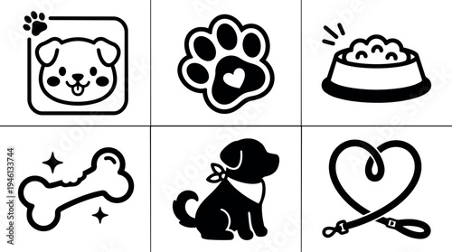 Minimalist black and white vector icons set featuring playful dog face paw print food bowl bone and leash heart shaped design