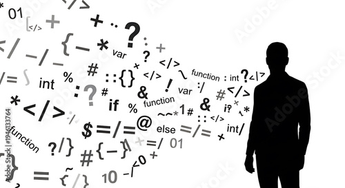 Silhouette A silhouette of a man standing in front of a swirling vortex of coding symbols and programming language icons.