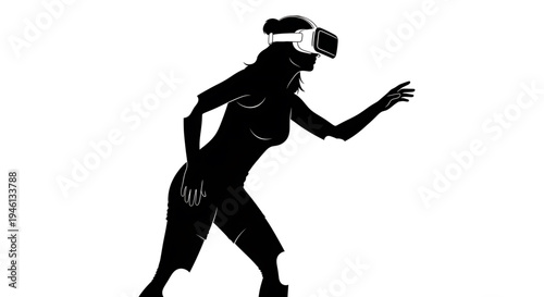 Silhouette A black silhouette of a woman wearing virtual reality goggles and interacting with a virtual environment in a dynamic pose.