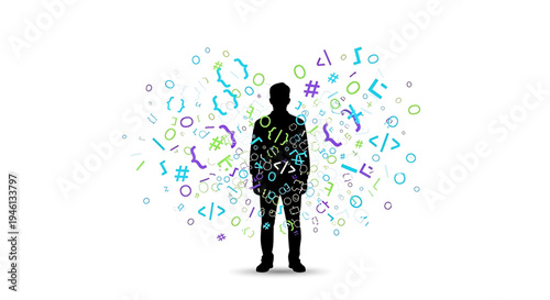 Silhouette A silhouette of a man with coding symbols and colorful graphics surrounding him in a vector illustration
