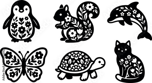 Black and white floral animal vector set with penguin squirrel dolphin butterfly turtle and cat silhouettes decorated