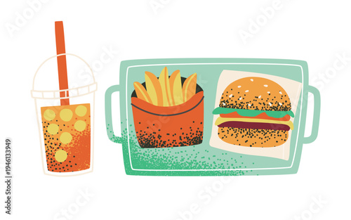Lunch set with a burger, fries and a bubble drink on a tray. Food for lunch at work or during a break.