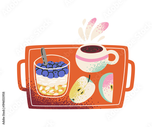 Lunch box with healthy food and drinks. Oatmeal with yogurt and berries, apples and coffee. Homemade takeaway snacks.