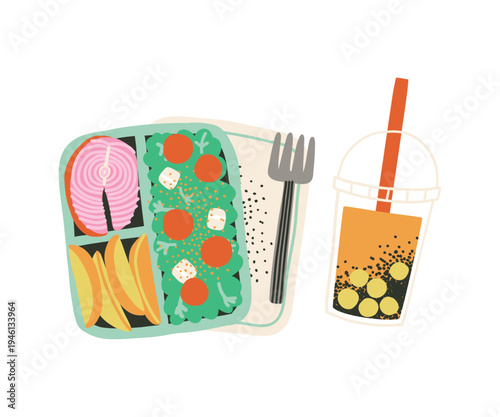 Lunch box with fish, potatoes and salad. Homemade takeaway snacks. Healthy food and drinks