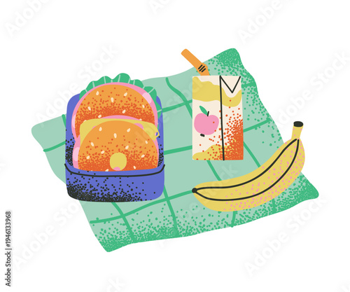 Lunch box with melts with sausage and cheese, juice and banana. Homemade snack for a break, picnic, lunch.