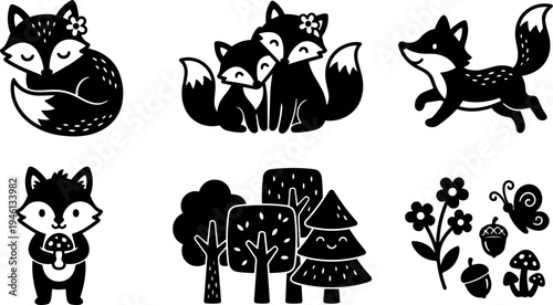 Cute black and white foxes in various poses with flowers trees and forest elements vector art simple flat design style