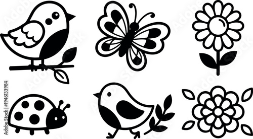 Black and white vector art showing cute bird butterfly flower ladybug and floral design with simple shapes and clear outlines
