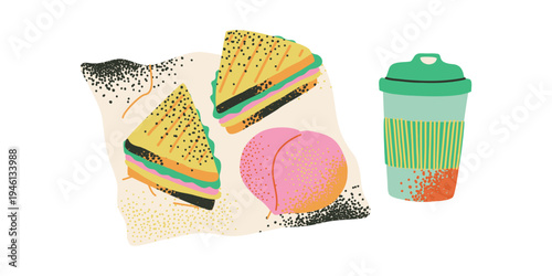 Lunch set with sandwiches, peach and coffee. Homemade snack for a break or picnic.