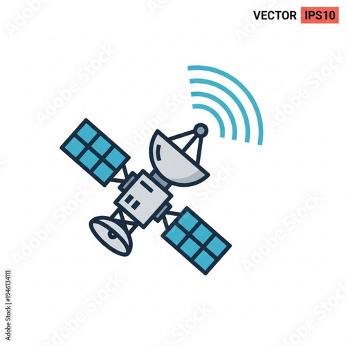Vector illustration of a satellite in space with signal waves for telecom or aerospace concepts