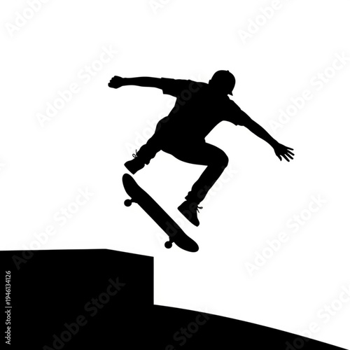 Silhouette of a skateboarder performing a trick on a skateboard with a ramp