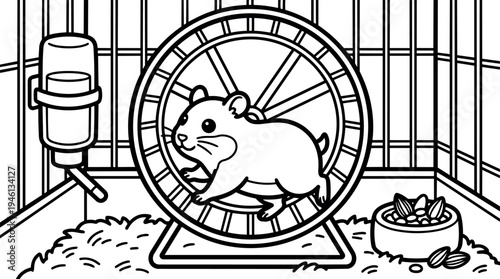 Black and white vector art of cute hamster running inside wheel with food bowl and water bottle in cage illustration
