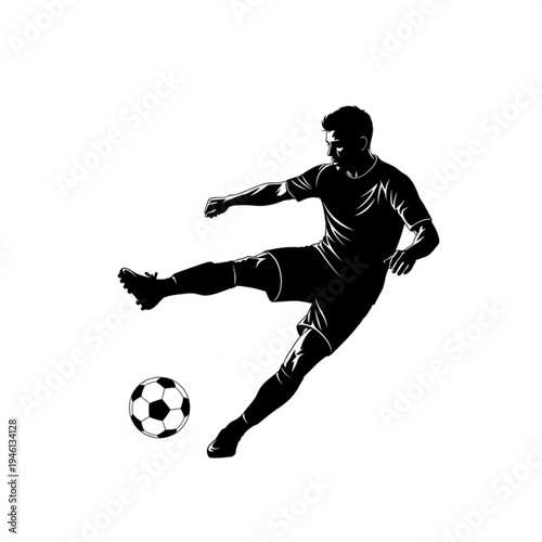 A black silhouette of a soccer player kicking a ball in action pose with leg extended