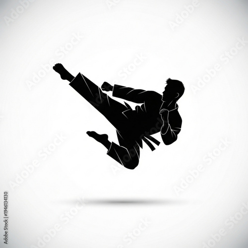 Silhouette of a person in a martial arts uniform performing a high kick