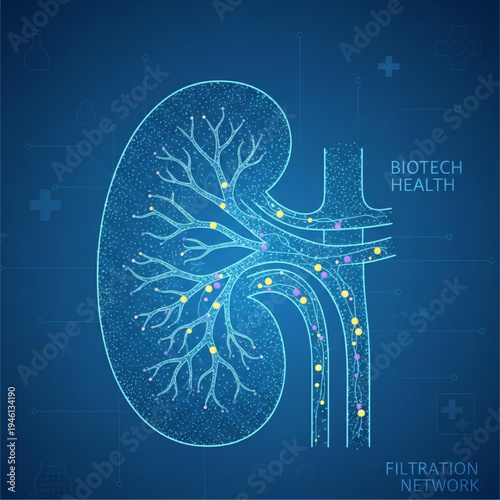 A stylized, glowing blue illustration of a human kidney rendered with a network of interconnected dots and lines, suggesting a biological filtration system