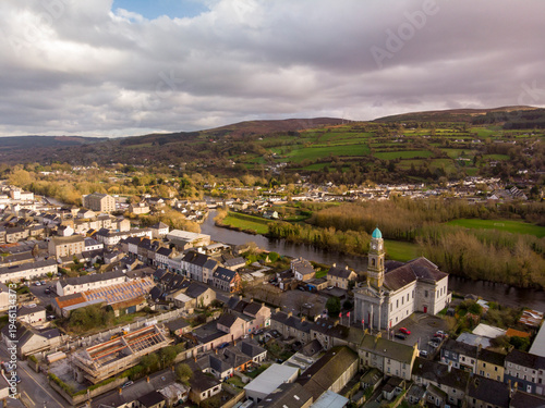 Aerial view of Clonmel town, Tipperary, Ireland, showcasing historic architecture and the River Suir flowing through the landscape