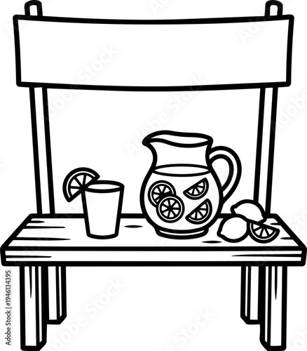 Black and white line art simple lemonade stand with glass pitcher lemon slices outdoor display