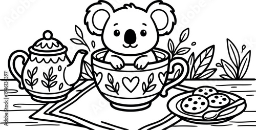 Cute koala sitting inside decorative teacup with leafy pattern alongside teapot and plate of cookies on wooden table