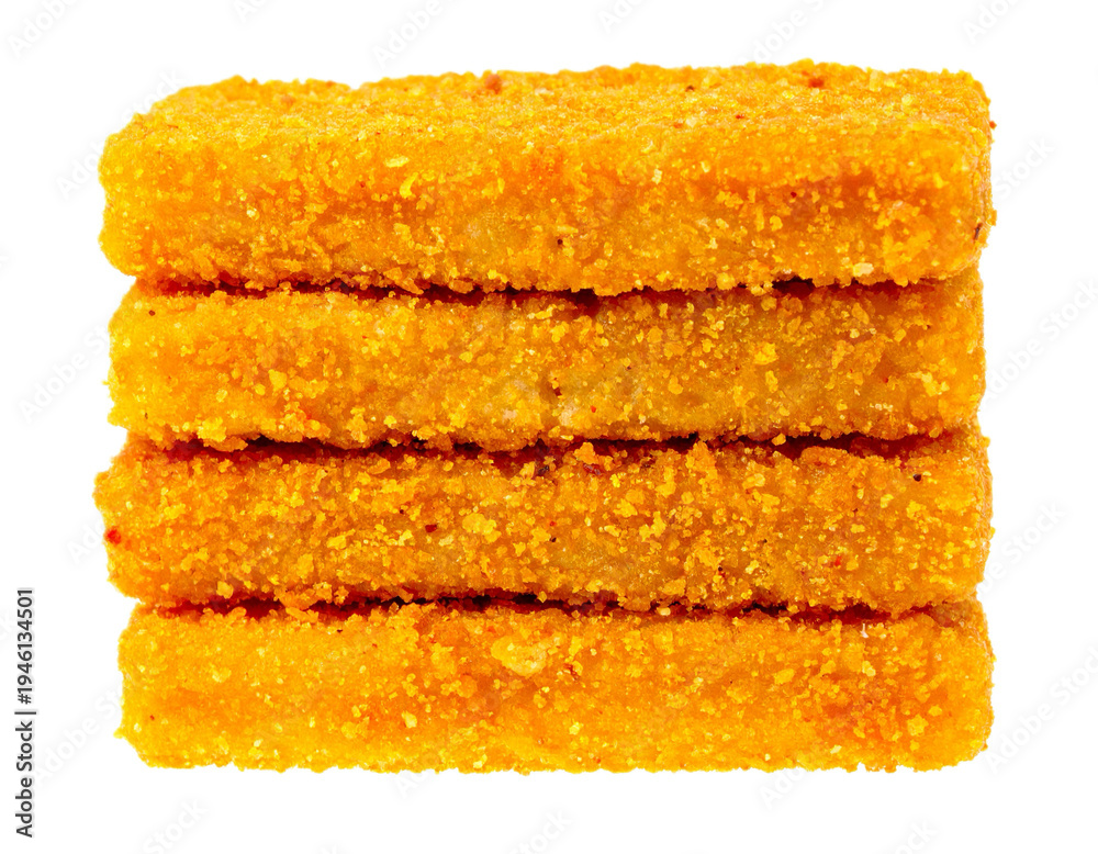 Fototapeta premium Isolated stack of golden fried fish sticks, ready to be cooked, served, and enjoyed fully