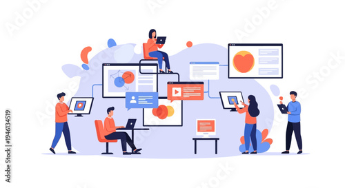 Illustration of a diverse group of Gen Z people engaged in digital creativity and productive collaboration with colorful design elements and innovative ideas on a light blue background.