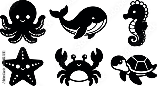 Cute black and white vector art of smiling sea creatures octopus starfish whale crab turtle and seahorse collection