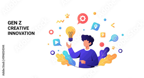 Illustration of a Gen Z young man surrounded by colorful design elements and icons, representing digital creativity and innovation in a modern, artistic setting with a productive mood.