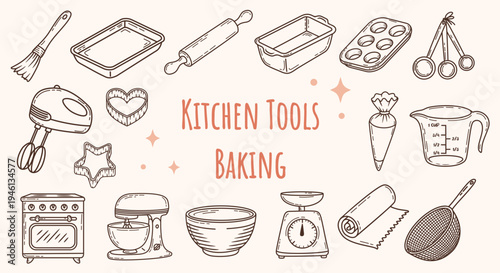 Vintage bakery equipment hand drawn sketches, rustic kitchen tools doodle collection, home baking vector illustrations, aesthetic culinary icons set.