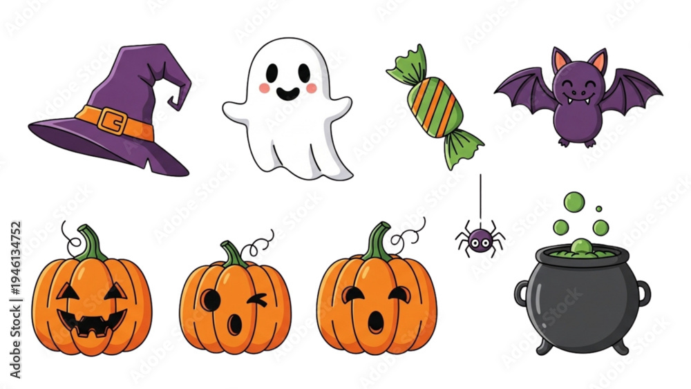 Obraz premium Halloween scene with witch hat ghost candy bat pumpkins spider cauldron