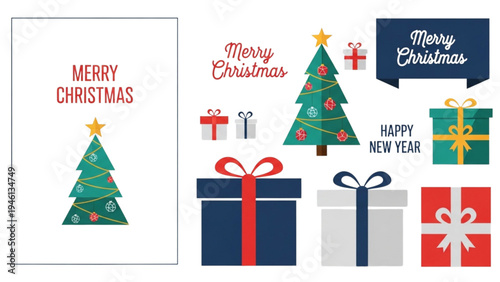 Christmas trees and gifts are arranged with holiday messages nearby indoors