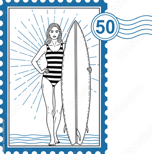 Vintage surfing woman postage stamp