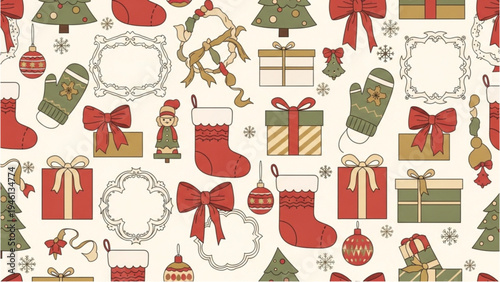 Holiday decorations and gifts are displayed on a festive background