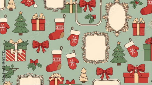 Christmas decorations and gifts on a green background with frames