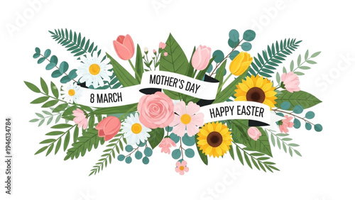 A vibrant floral arrangement celebrates Easter and Mother's Day with colorful flowers and leaves on a white background