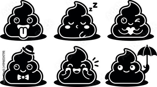 Cute black poop emoji faces with various expressions including tongue out sleeping winking love hat laughing and holding umbrella vector art icons set