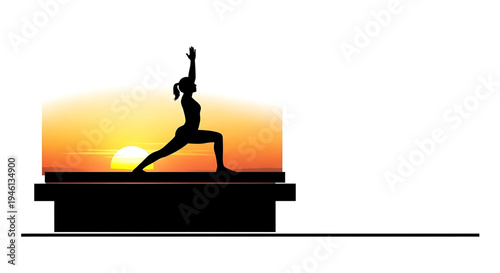 Silhouette A woman practicing yoga in a serene sunset setting as a vector graphic illustration