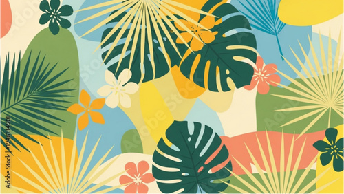 Vibrant tropical leaves and flowers bloom in a colorful garden scene with exotic foliage and blossoms