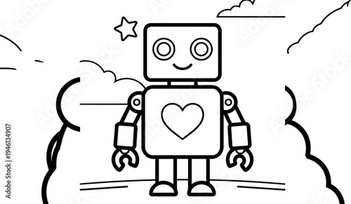 Cute smiling robot with heart symbol on chest standing in playful outdoor cartoon landscape with clouds and star