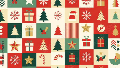 Vibrant Christmas icons fill the festive holiday pattern background