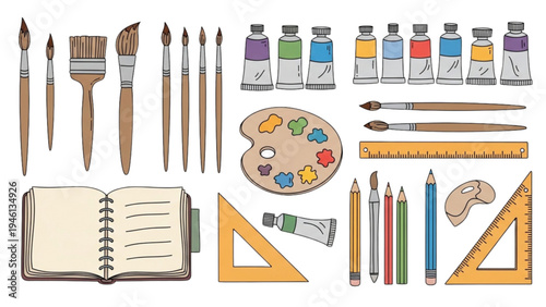An artist's workstation displays various painting tools and supplies.