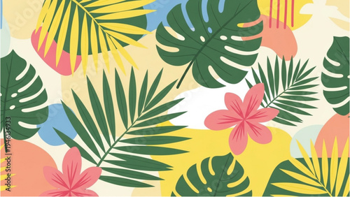 Vibrant tropical leaves and flowers bloom in a colorful garden scene