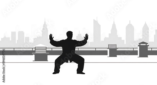 Silhouette A black silhouette of a man practicing tai chi in a city park with a skyline background