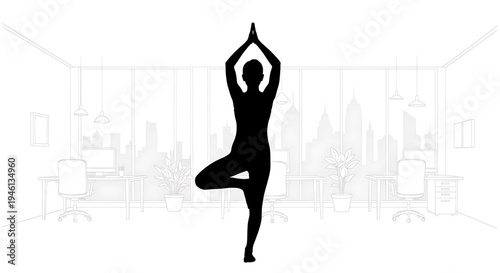 Silhouette A black silhouette of a woman practicing yoga in a modern office with a city skyline in the background