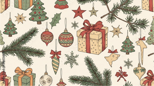 Christmas decorations and gifts adorn a festive holiday scene with trees and ornaments