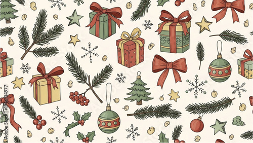 Christmas ornaments and gifts scattered on a festive holiday background