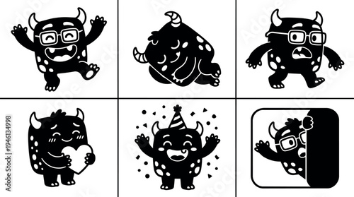 Cute black cartoon monster with glasses jumping sleeping angry smiling holding heart celebrating birthday hiding behind wall