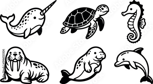 Black and white vector art of smiling sea animals including narwhal turtle seahorse walrus seal and dolphin in cartoon style