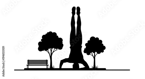 Silhouette A person doing a headstand in a park with trees and a bench in the background