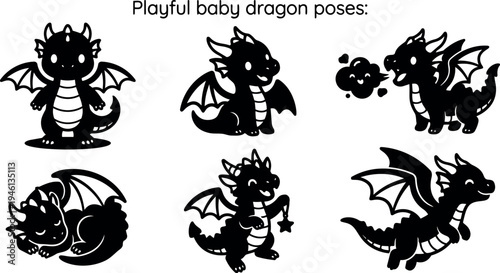 Cute silhouette baby dragon in six playful poses with wings breathing fire holding star charm sleeping and flying vector art