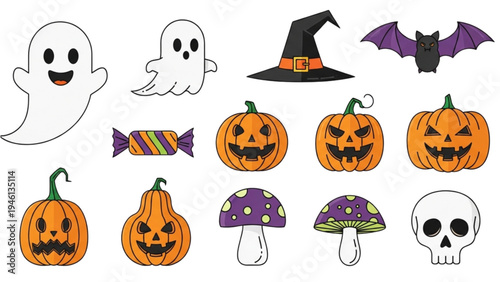 Halloween decorations include ghosts, a witch hat, bats, candy, pumpkins, mushrooms and skull.
