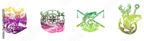 Colorful vintage fishing badge logo set with deer, compass and jumping fish with crossed rods, outdoor sport emblem collection on white background