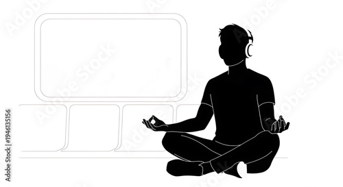 Silhouette A person meditating in a lotus position with a laptop in the background, symbolizing mindfulness and relaxation in a digital age.